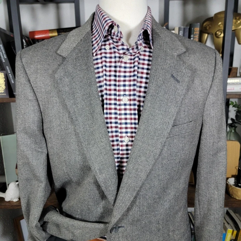 Town Craft Mens Sport Coat Blazer Two Button Gray Herringbone Silk Poly Wool 43L